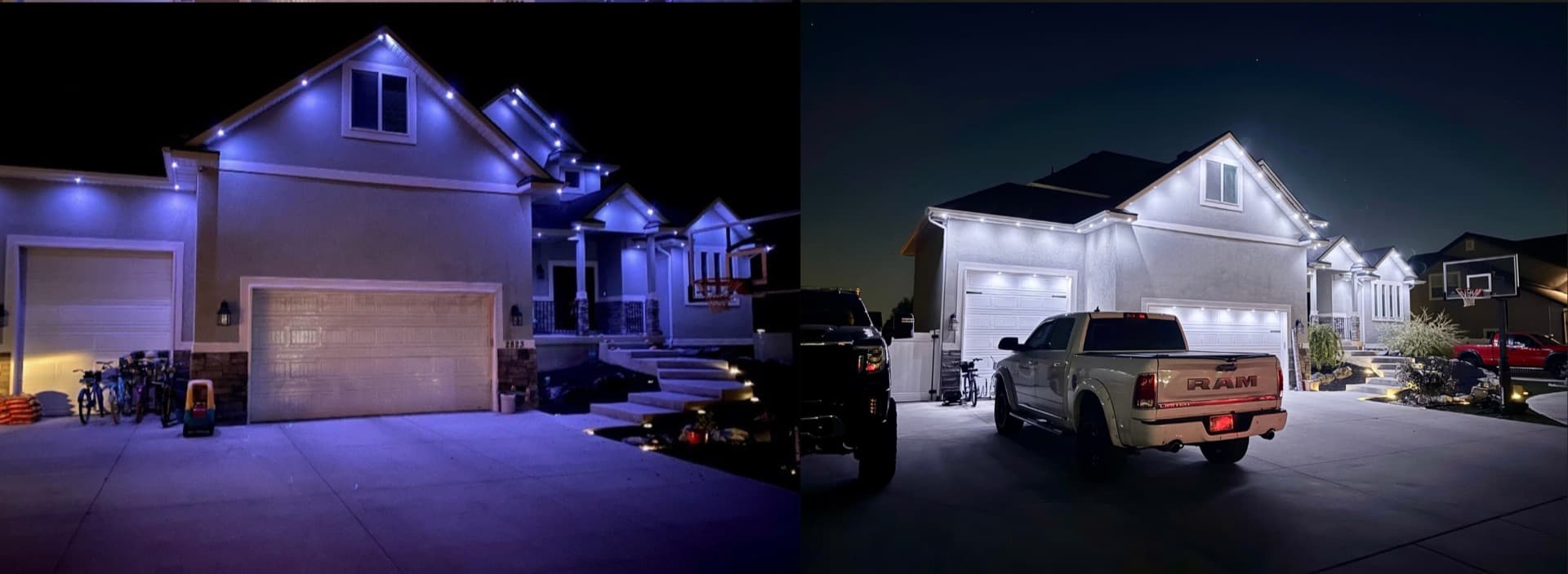 Side-by-side comparison of RGB vs RGBW permanent lighting on an Austin home