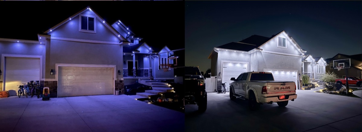 Side-by-side comparison of RGB versus RGBW permanent lighting showing true warm white difference on an Austin home
